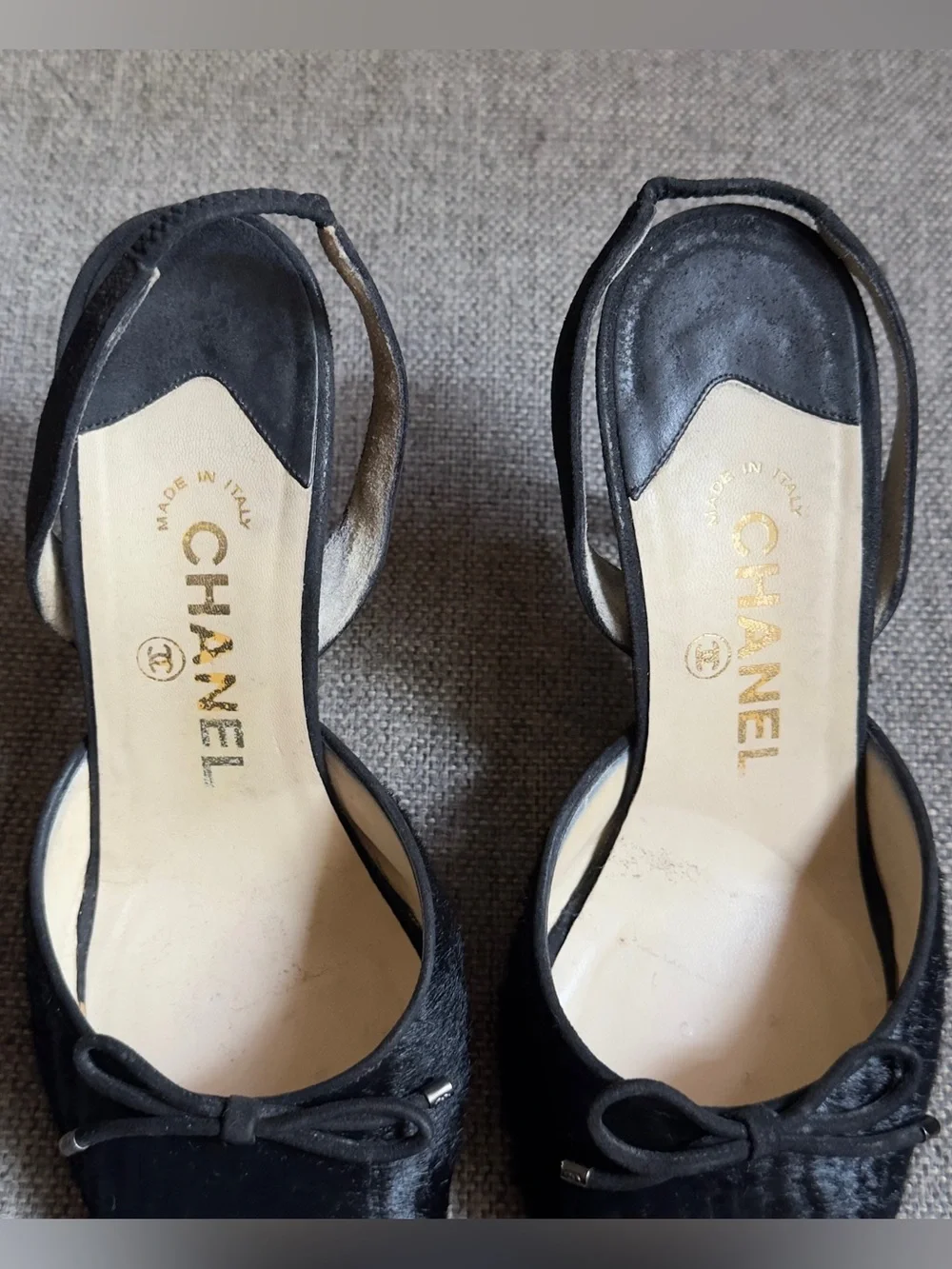 Vintage Chanel black pony hair slingback heels